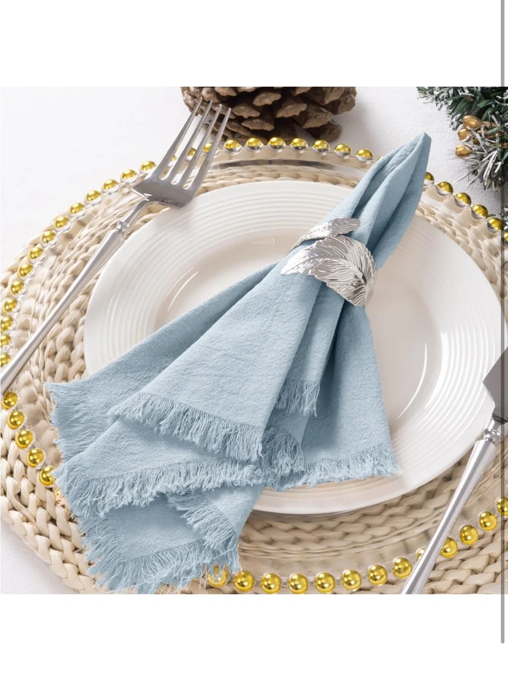 NEW 12 Pack Grey- Blue Cotton Linen Napkins with Fringe, 17”x17”
